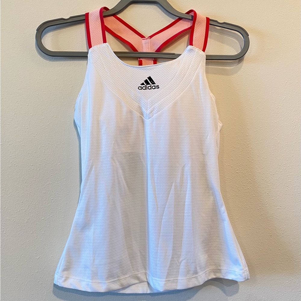Adidas White and Pink Fitted Y-Back Tank Top